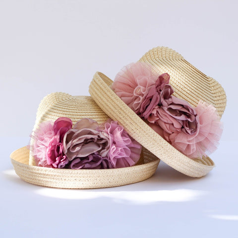 Straw Hat with Handmade Flowers