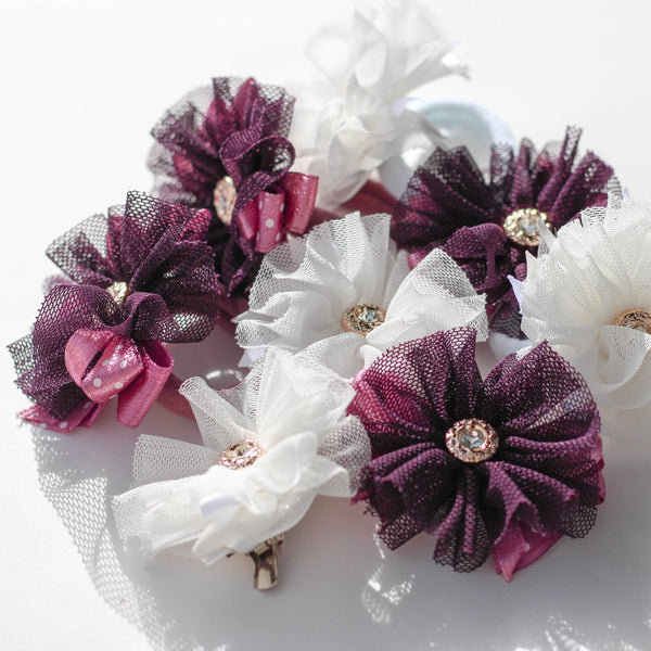 Tulle Flower & Diamond Bead Hair Clip. 4 Colors