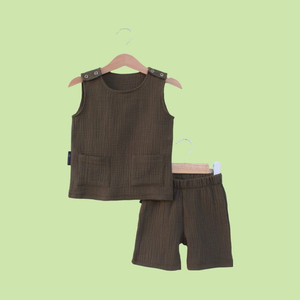 Muslin Tank Top & Shorts Set. Khaki Green