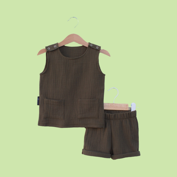 Muslin Tank Top & Shorts Set. Khaki Green