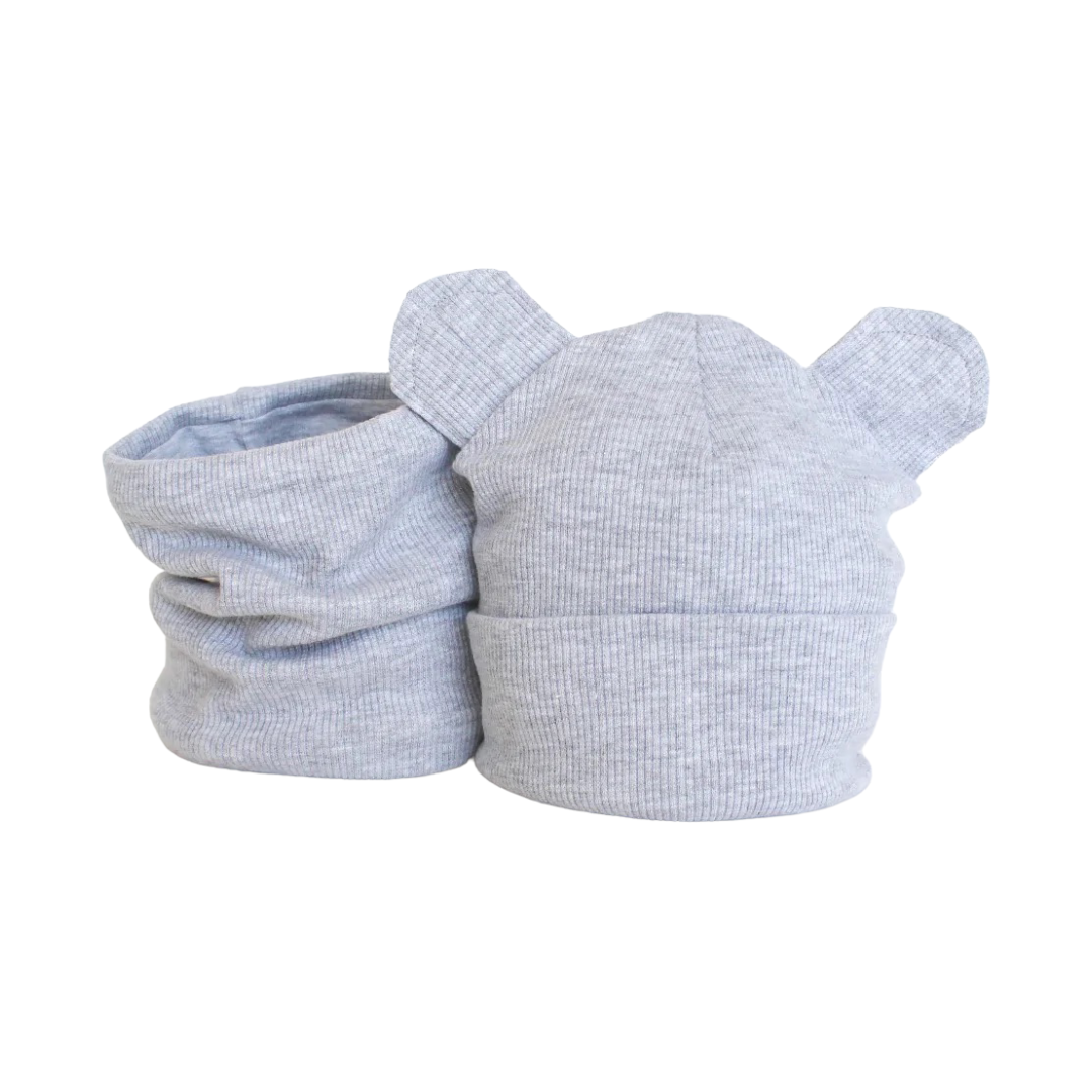 Rib Cotton Bear Beanie & Tube Scarf Set. Unisex