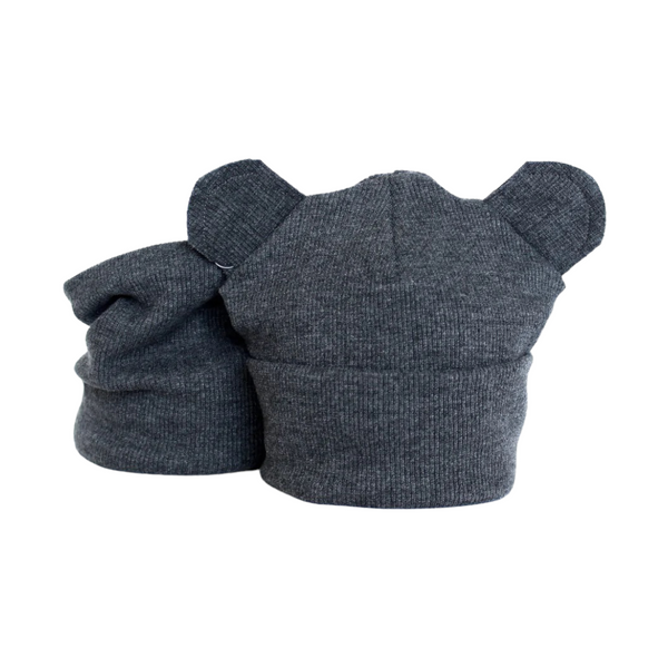 Rib Cotton Bear Beanie & Tube Scarf Set. Unisex