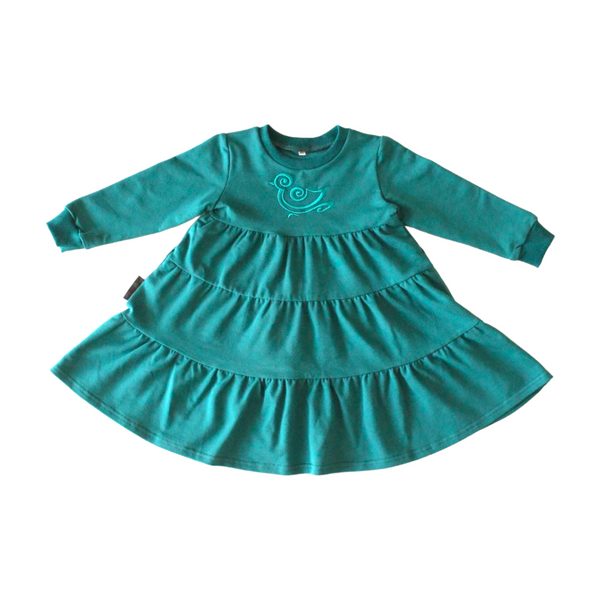 Flared Ruffle Dress. Petrol Blue Birdy