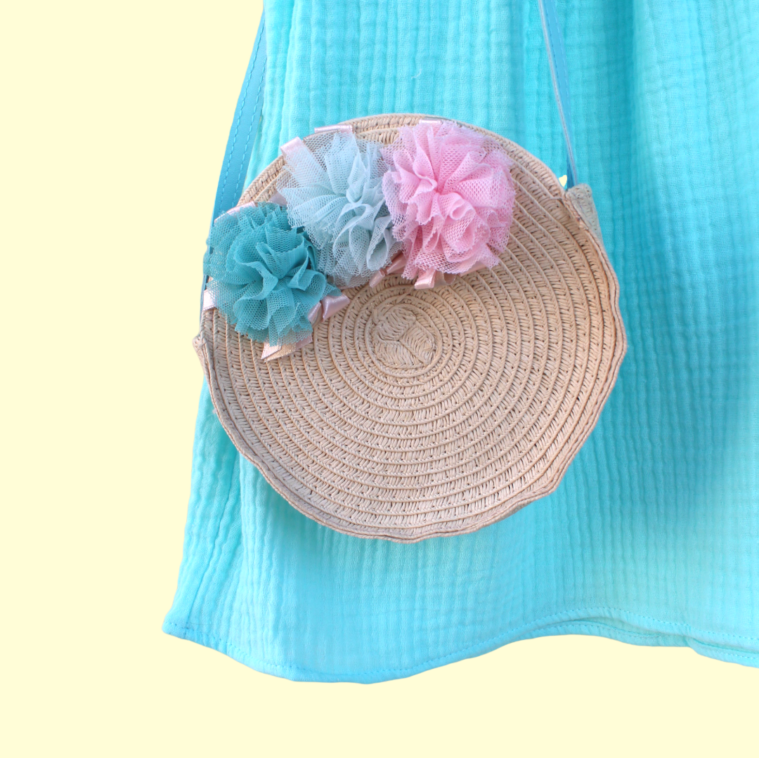 Straw Crossbody Purse with Tulle Flowers. Aquamarine