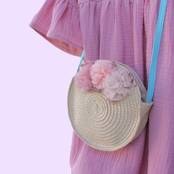 Straw Crossbody Purse with Tulle Flowers. Pink