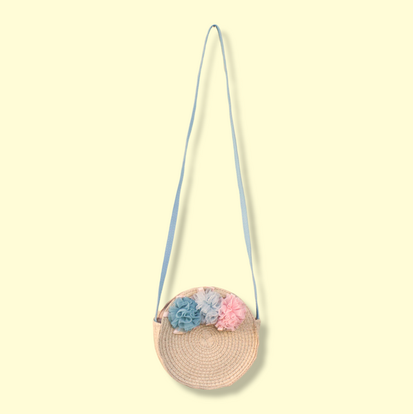 Straw Crossbody Purse with Tulle Flowers. Aquamarine