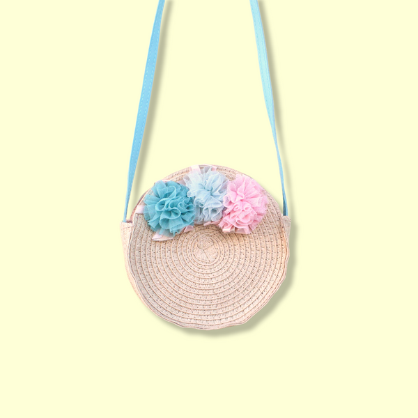 Straw Crossbody Purse with Tulle Flowers. Aquamarine