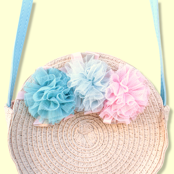 Straw Crossbody Purse with Tulle Flowers. Aquamarine