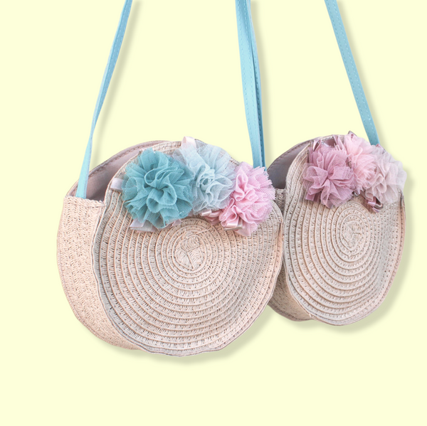 Straw Crossbody Purse with Tulle Flowers. Aquamarine