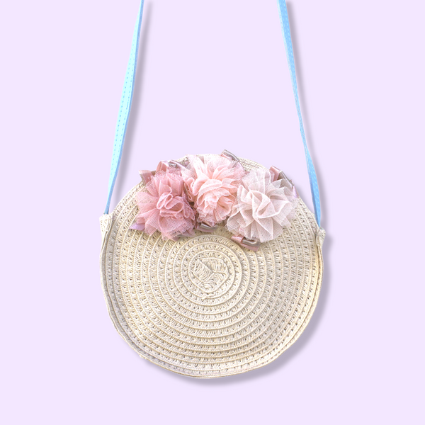 Straw Crossbody Purse with Tulle Flowers. Pink