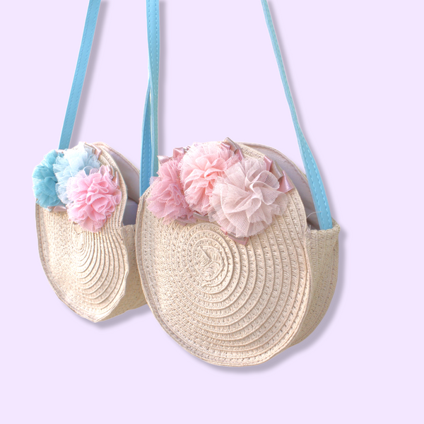 Straw Crossbody Purse with Tulle Flowers. Pink